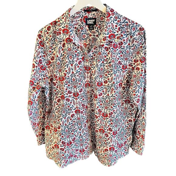 Lands’ End Floral Button Down Top L Red Blue Long Sleeve Western Classic Warm - Picture 2 of 12